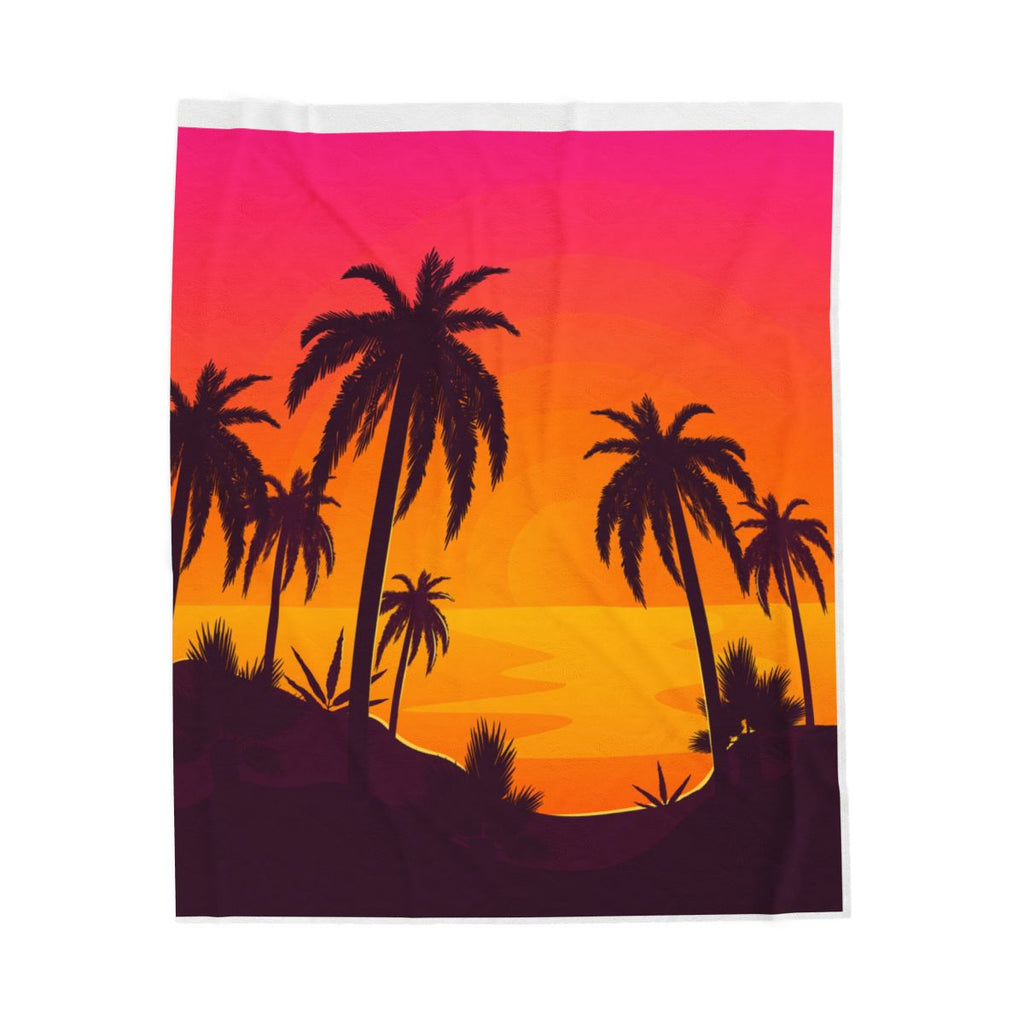 Sunset Palm Velveteen Plush Blanket — Tropical Sunset Throw for Beach Lovers